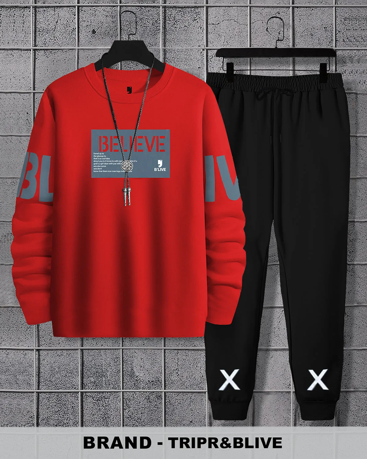 Men Believe Printed Red | Black Tracksuit