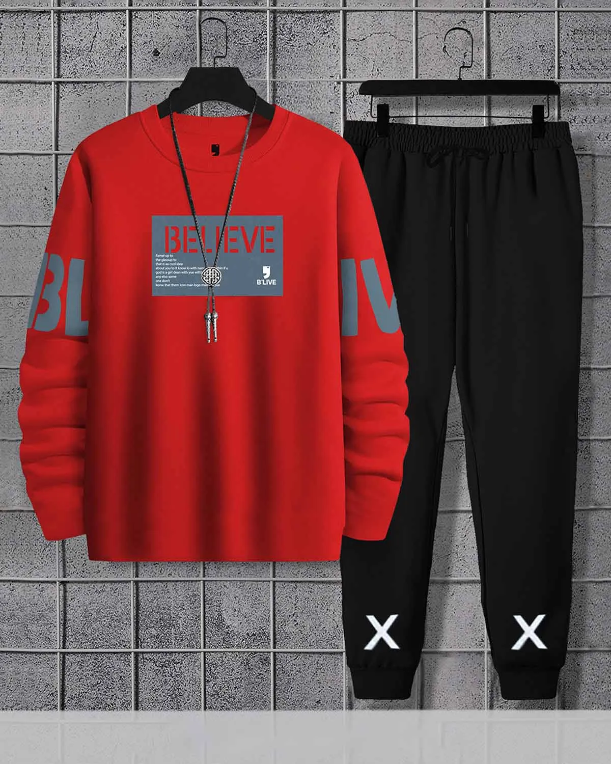 Men Believe Printed Red | Black Tracksuit