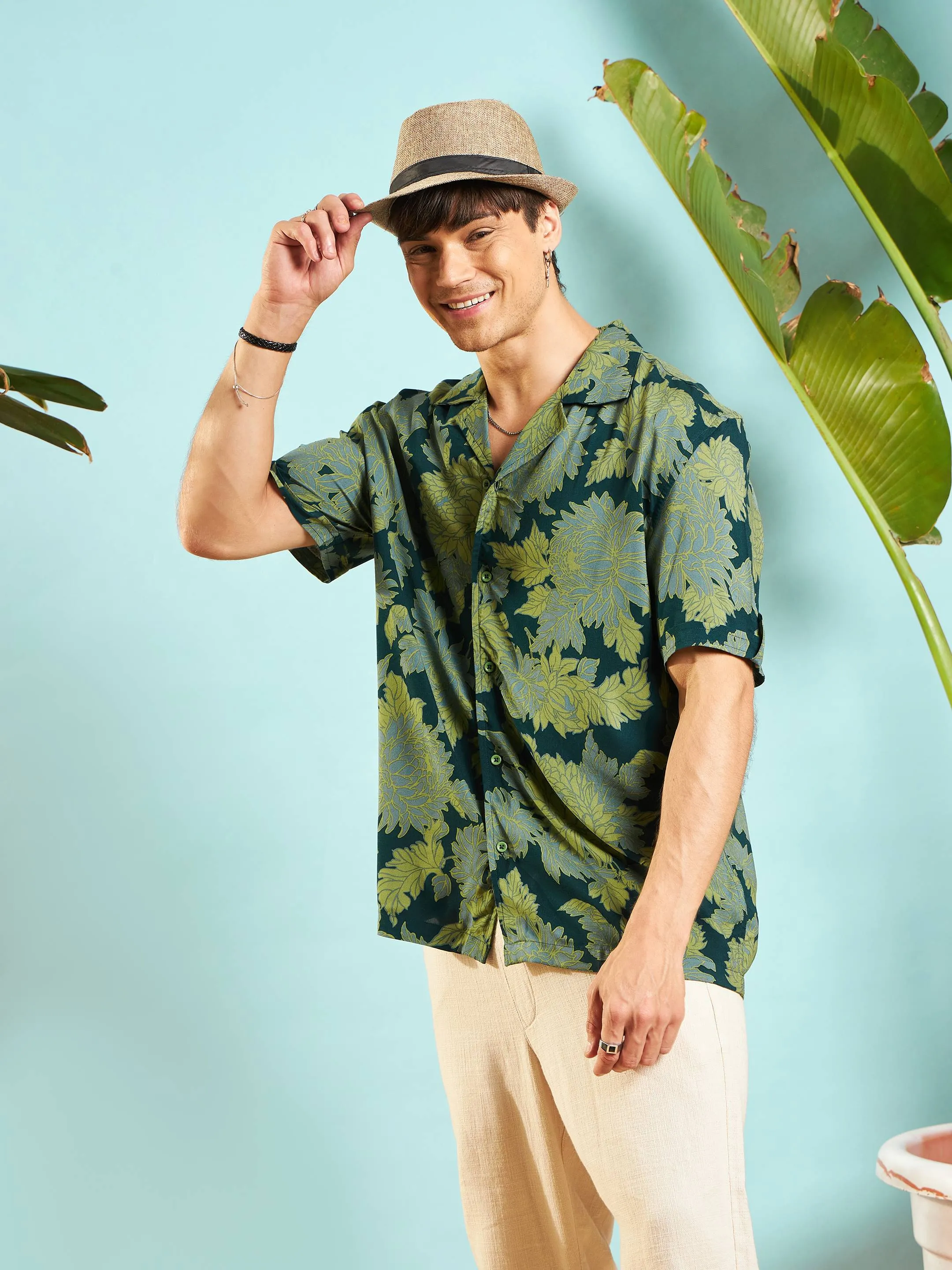 Men Emerald Green Floral Box Pleat Relax Fit Shirt