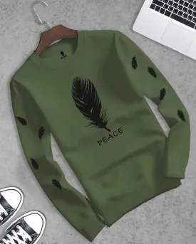 Men Full Sleeve Olivegreen Feather Printed T-shirt