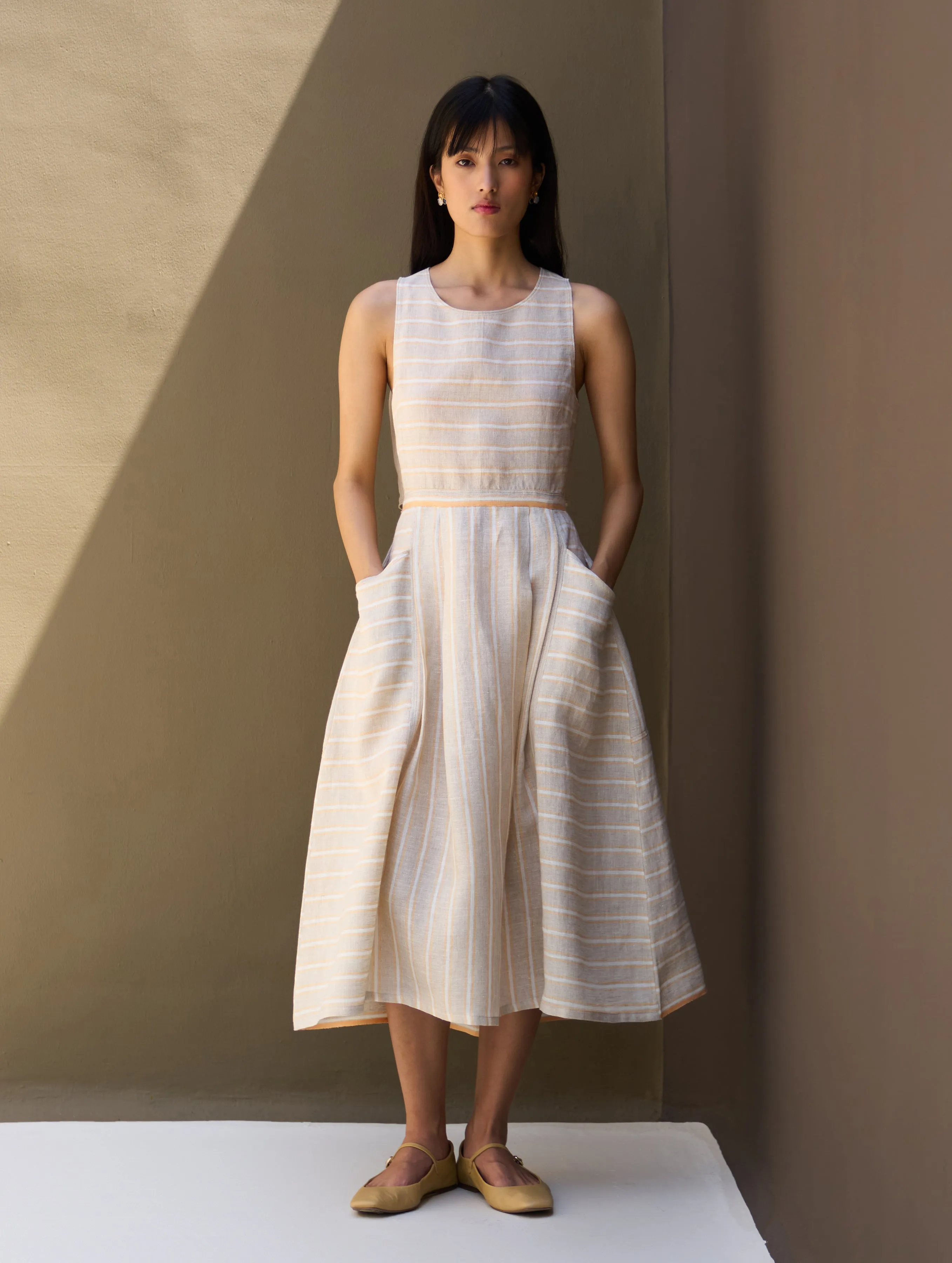 Neza Stripe Linen Sleeveless Dress - Natural