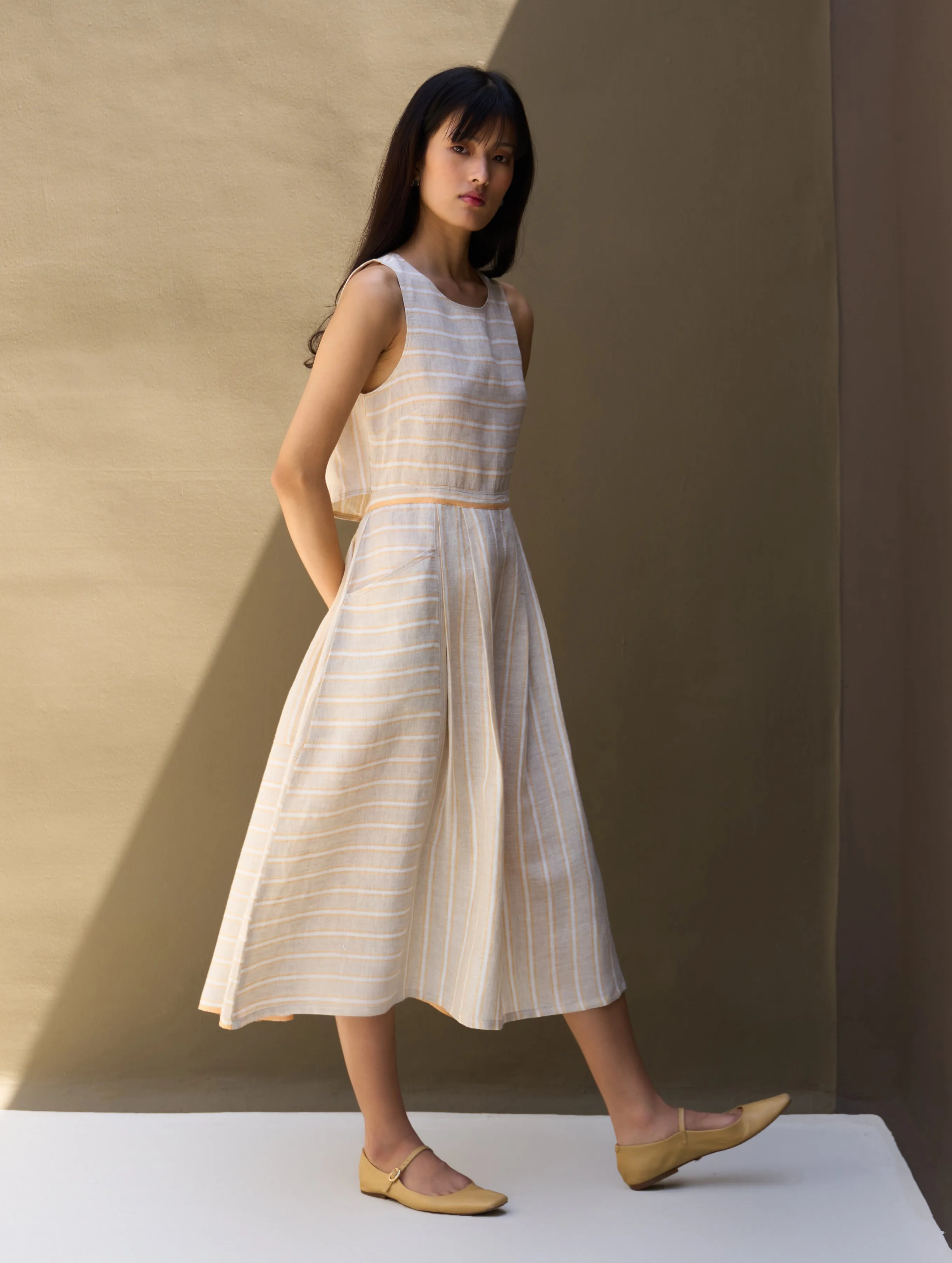 Neza Stripe Linen Sleeveless Dress - Natural