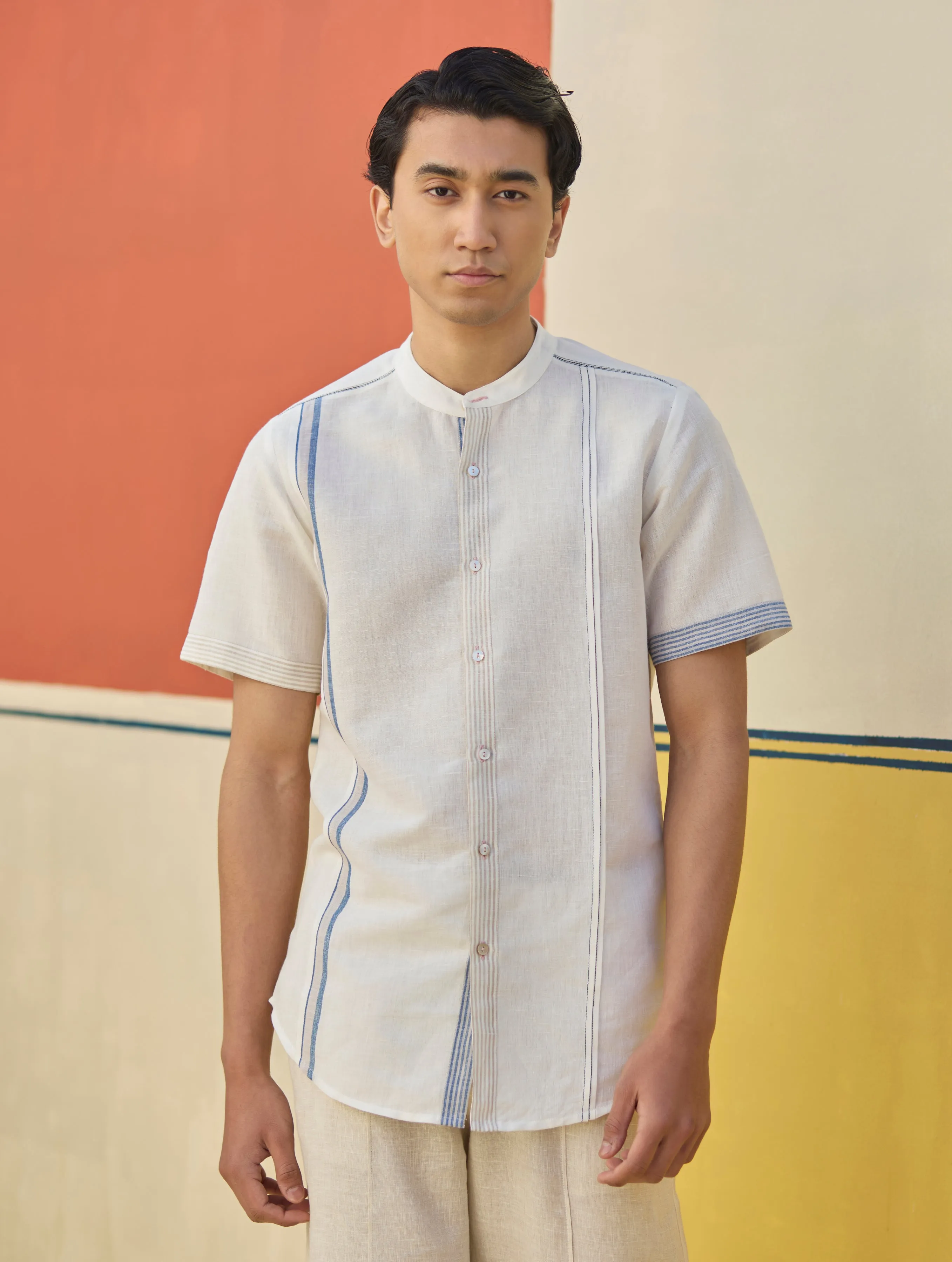 Niko Border Linen Shirt - Ivory