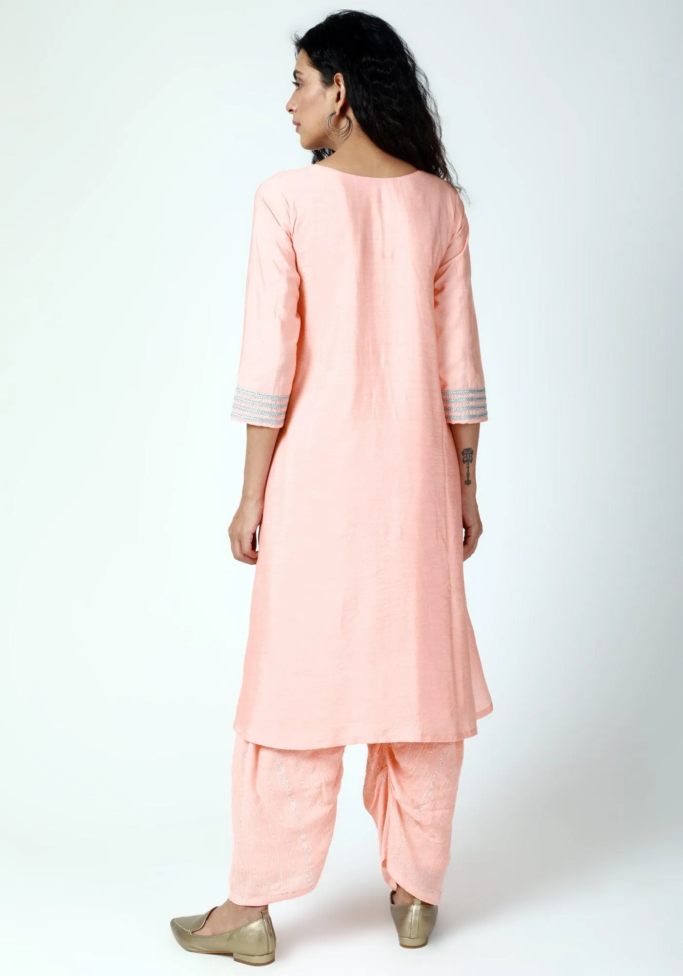 Peach Laced Kurta-Ruffled Pant-Dupatta