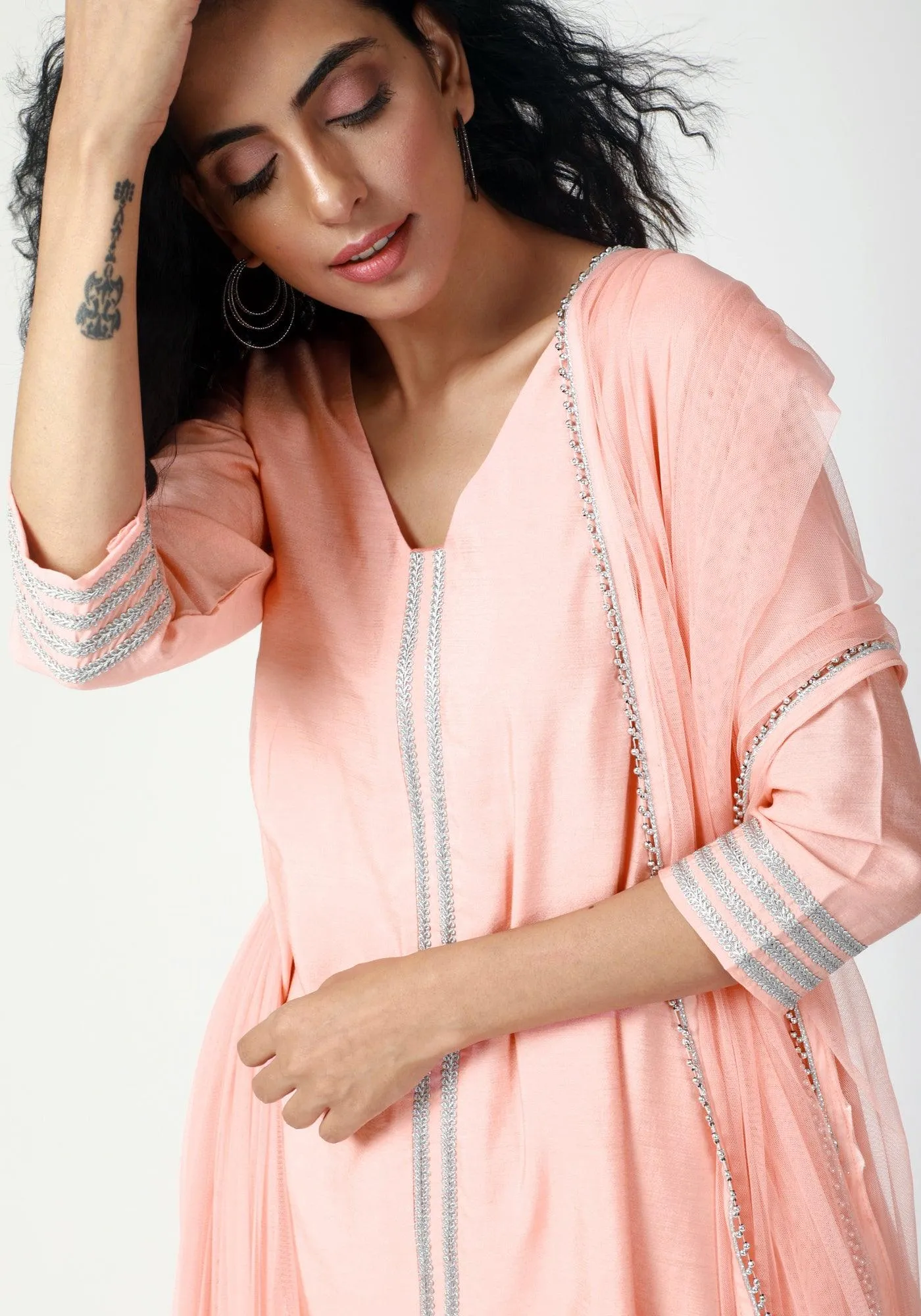 Peach Laced Kurta-Ruffled Pant-Dupatta