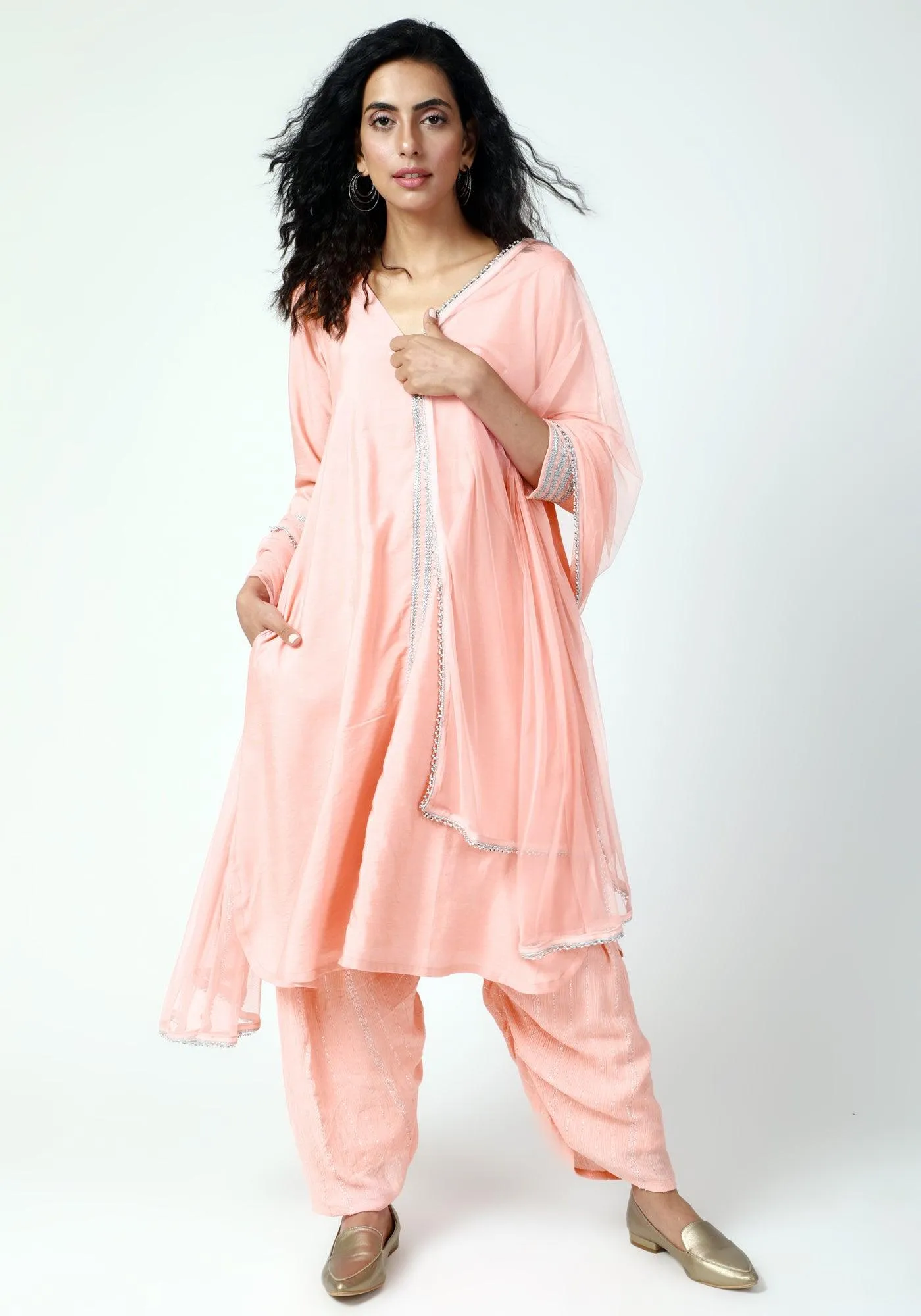 Peach Laced Kurta-Ruffled Pant-Dupatta