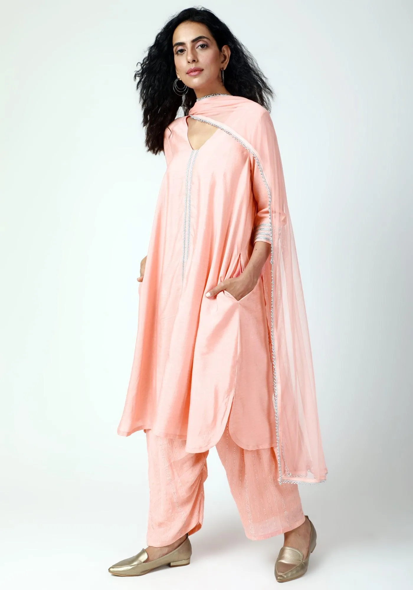 Peach Laced Kurta-Ruffled Pant-Dupatta