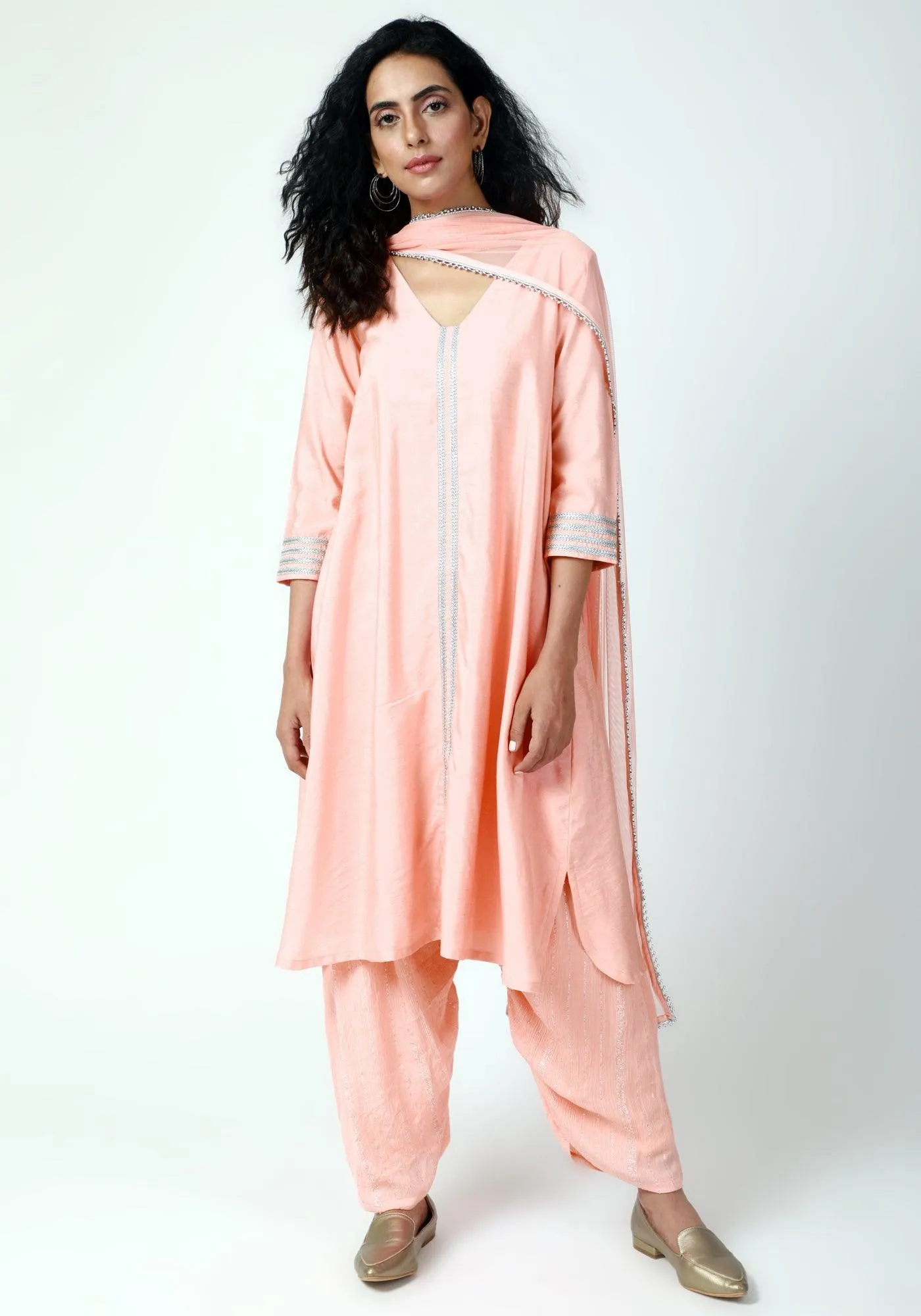 Peach Laced Kurta-Ruffled Pant-Dupatta