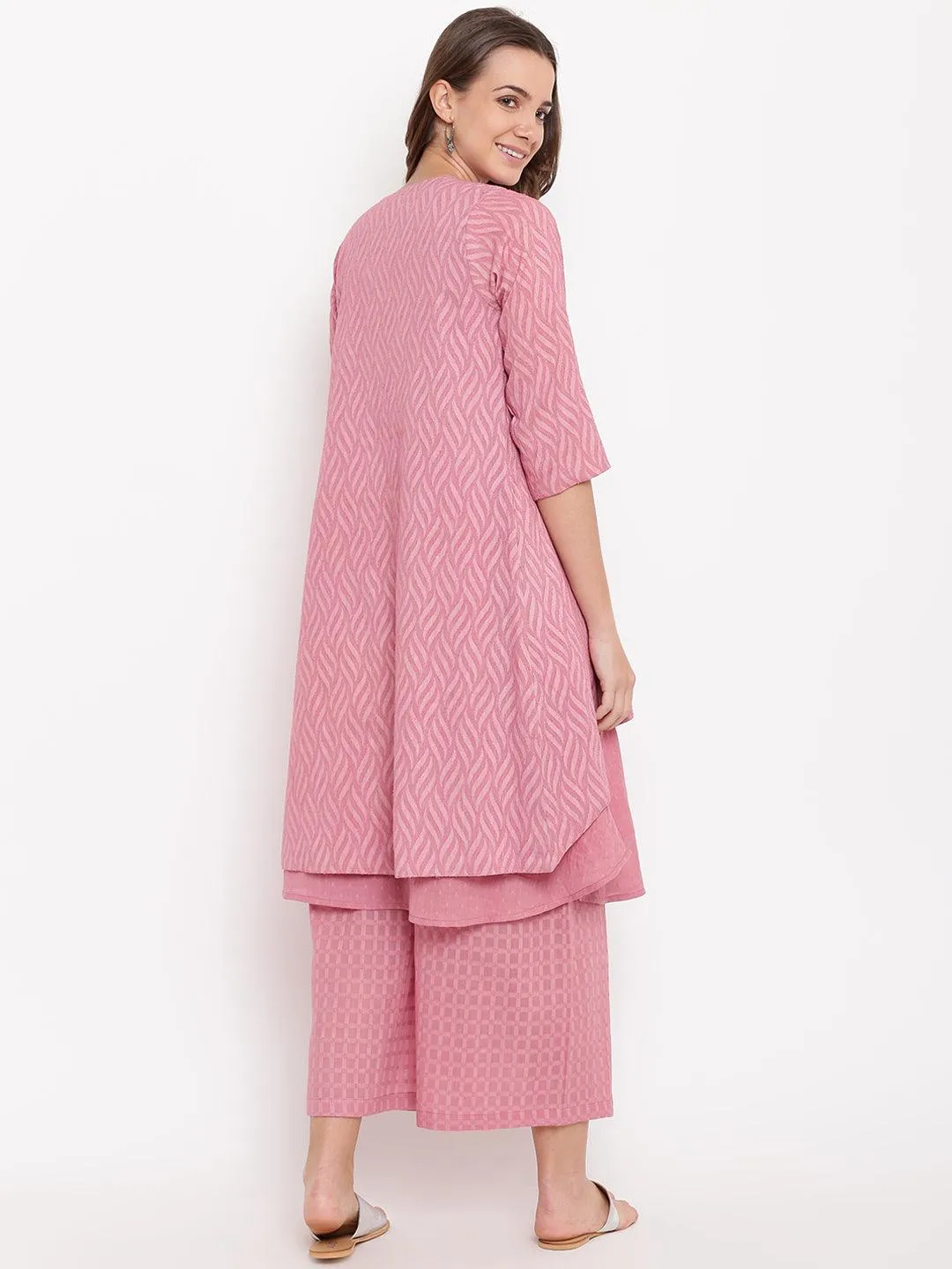 Pink Pin-Tucks Kurta-Palazzo-Jacket