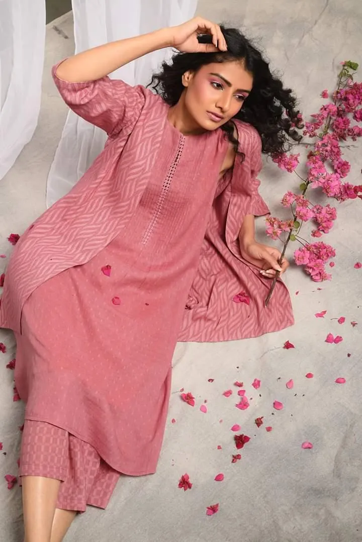 Pink Pin-Tucks Kurta-Palazzo-Jacket