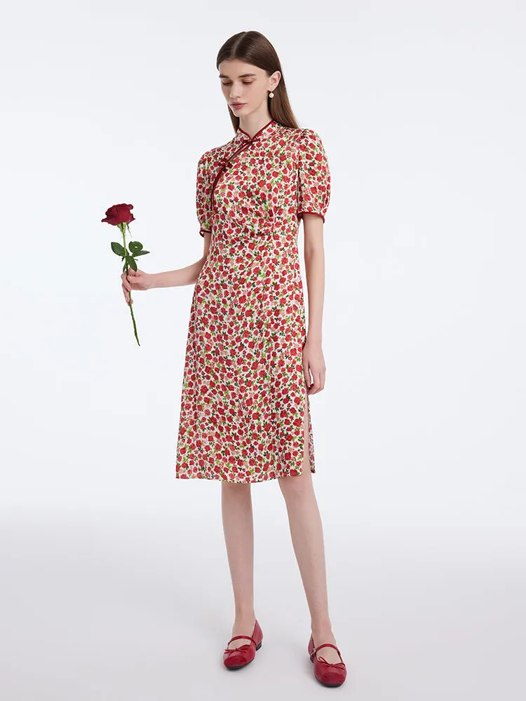 Red Rose Printed Cheongsam Qipao Women Midi Dress