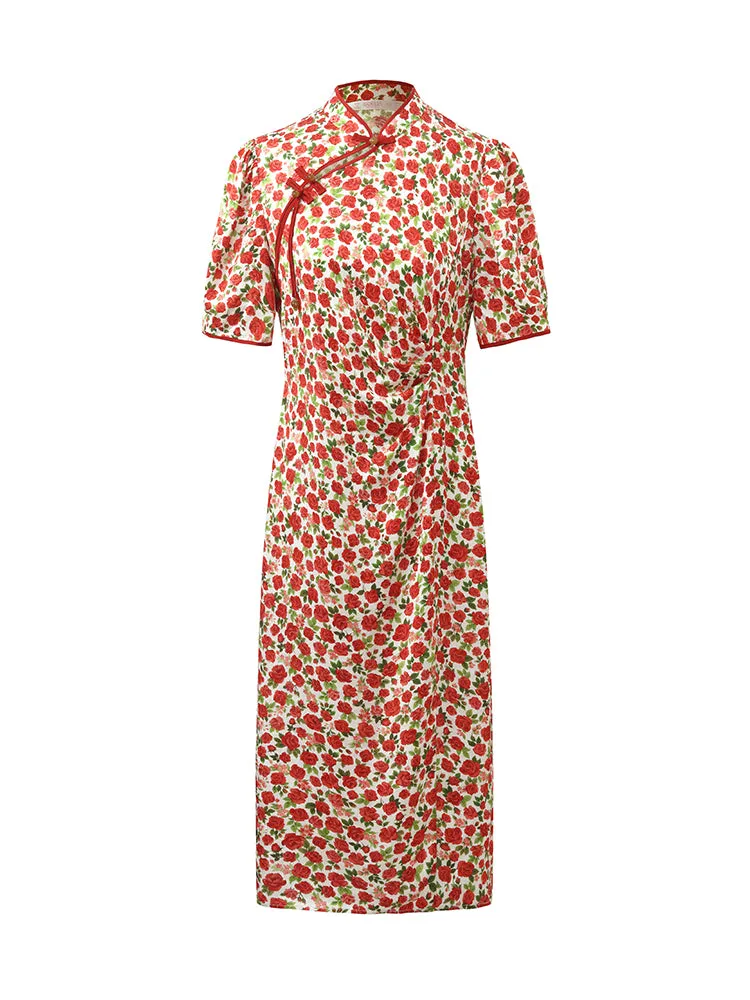 Red Rose Printed Cheongsam Qipao Women Midi Dress