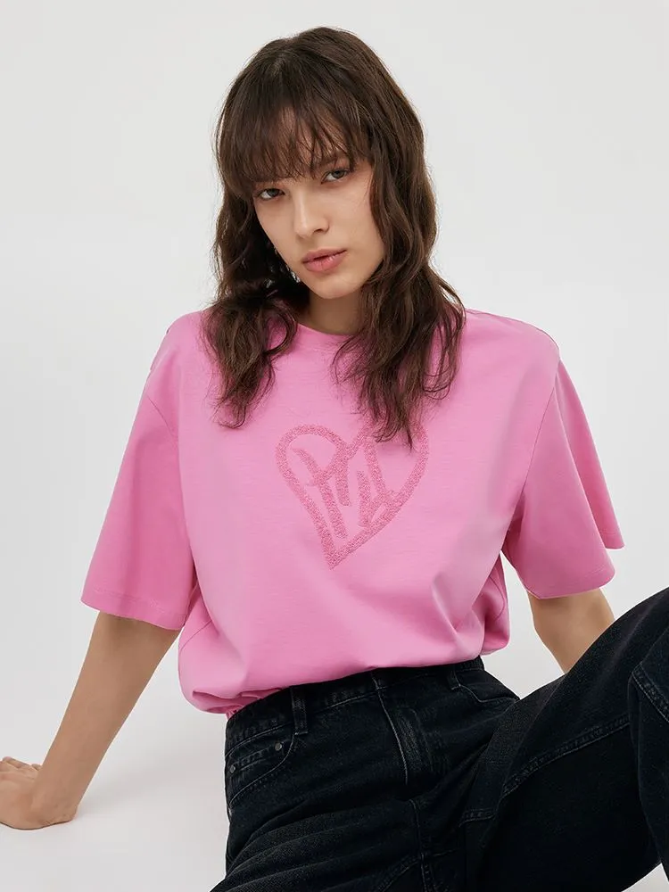 Sequins Heart-Shape Embroidered Women T-shirt