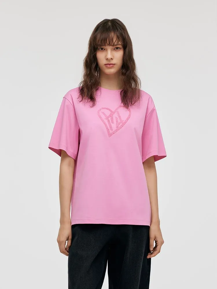 Sequins Heart-Shape Embroidered Women T-shirt