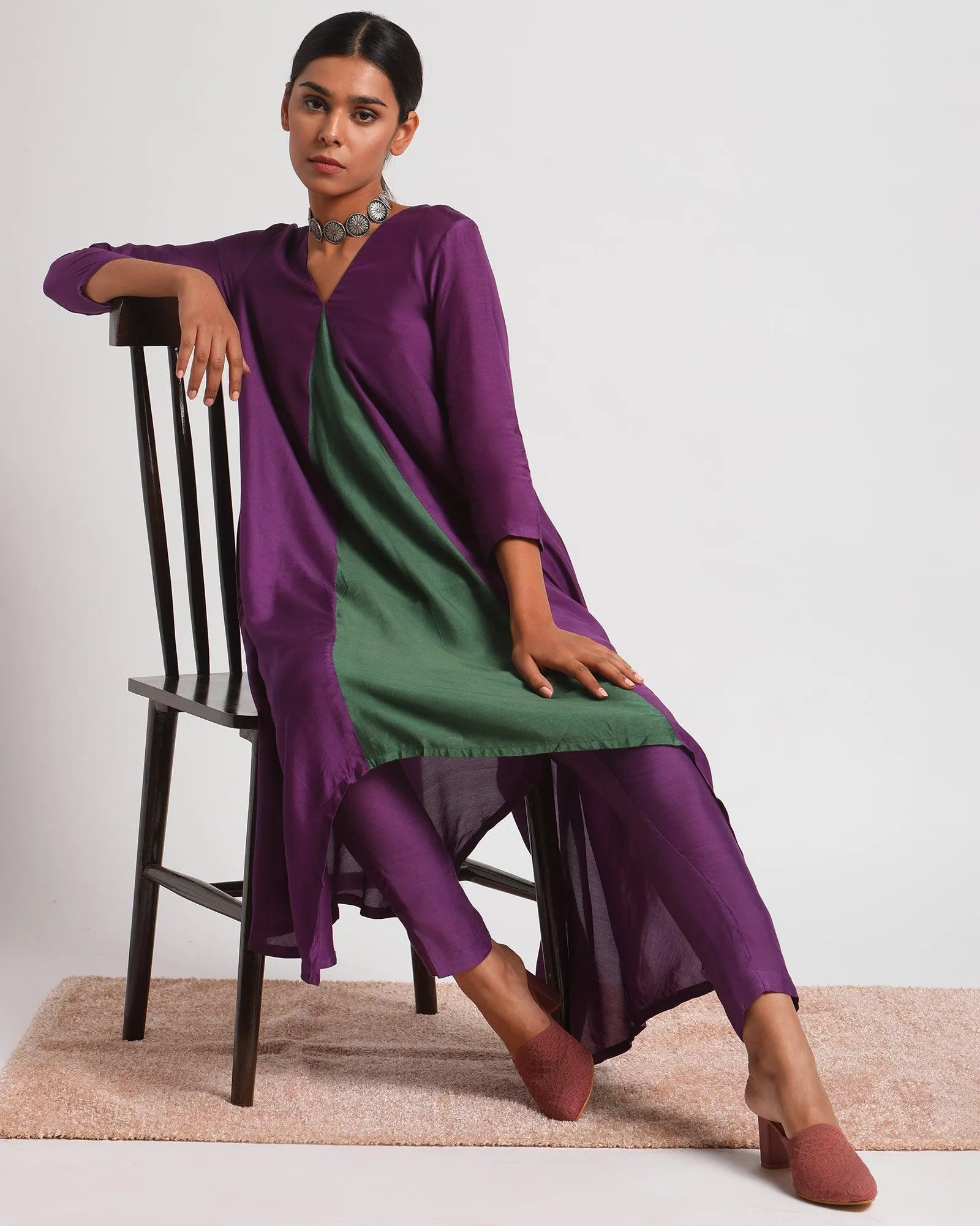 Silk Purple Flared Asymmetric Kurta Pant Set