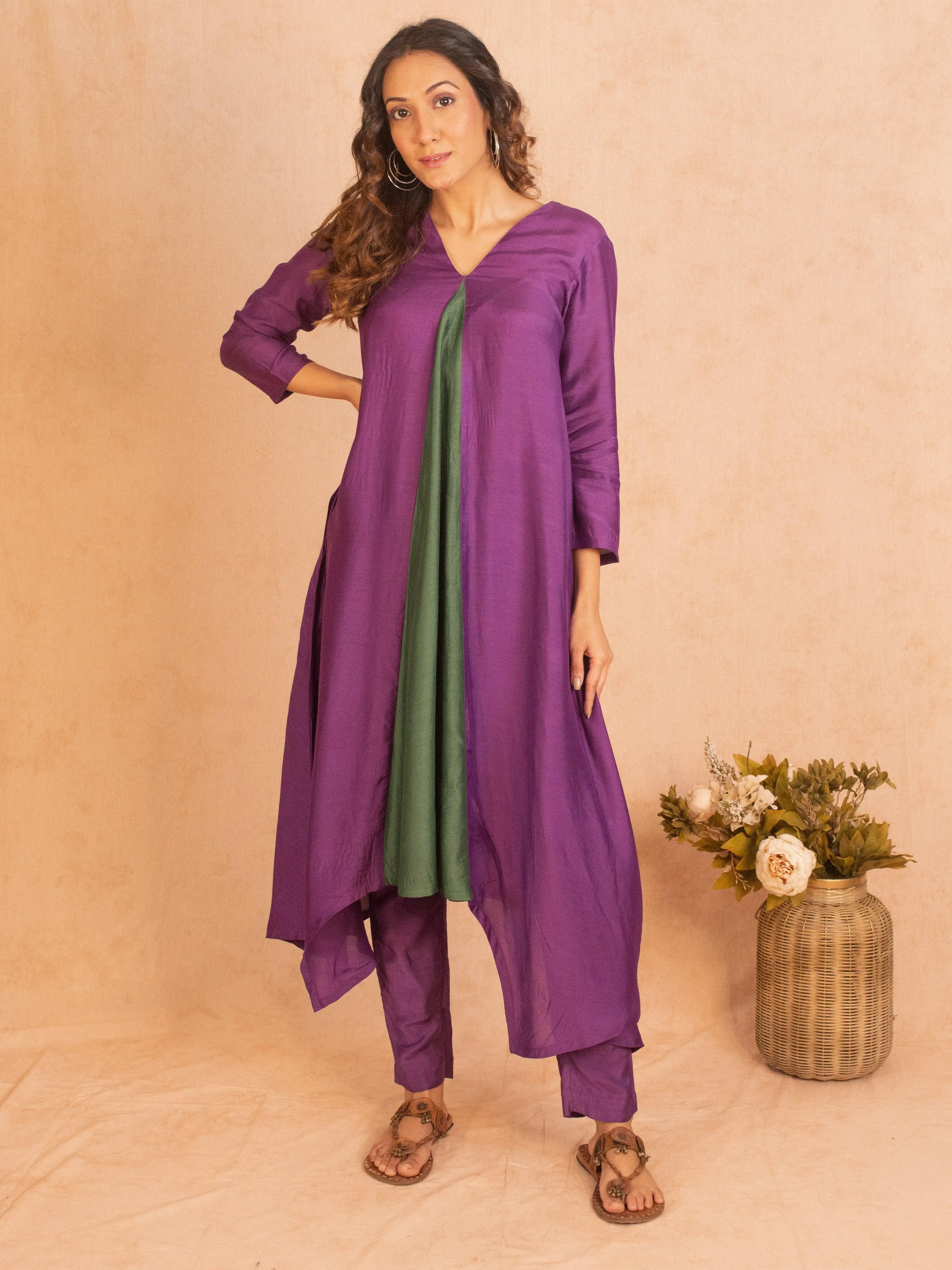 Silk Purple Flared Asymmetric Kurta Pant Set