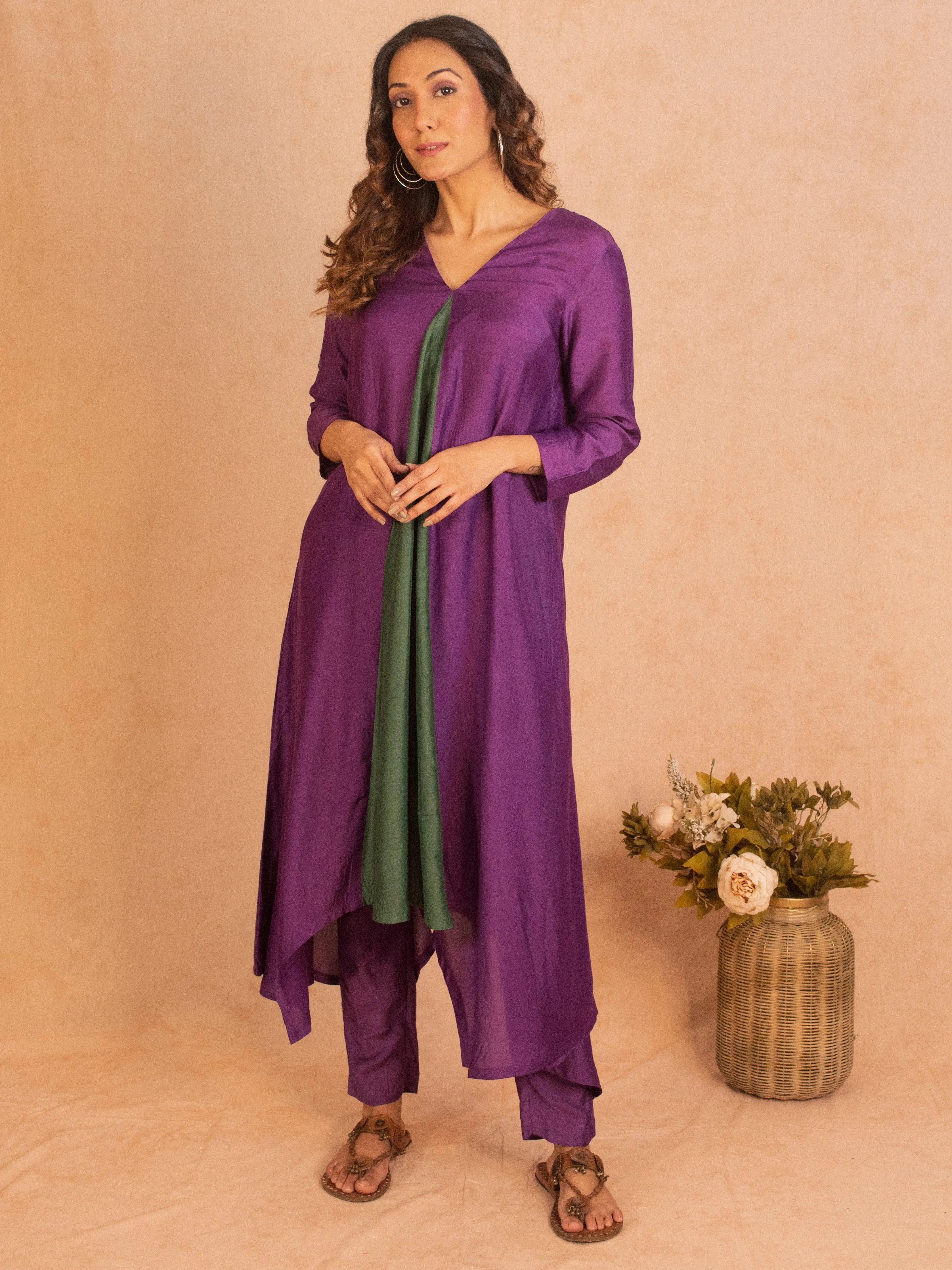 Silk Purple Flared Asymmetric Kurta Pant Set