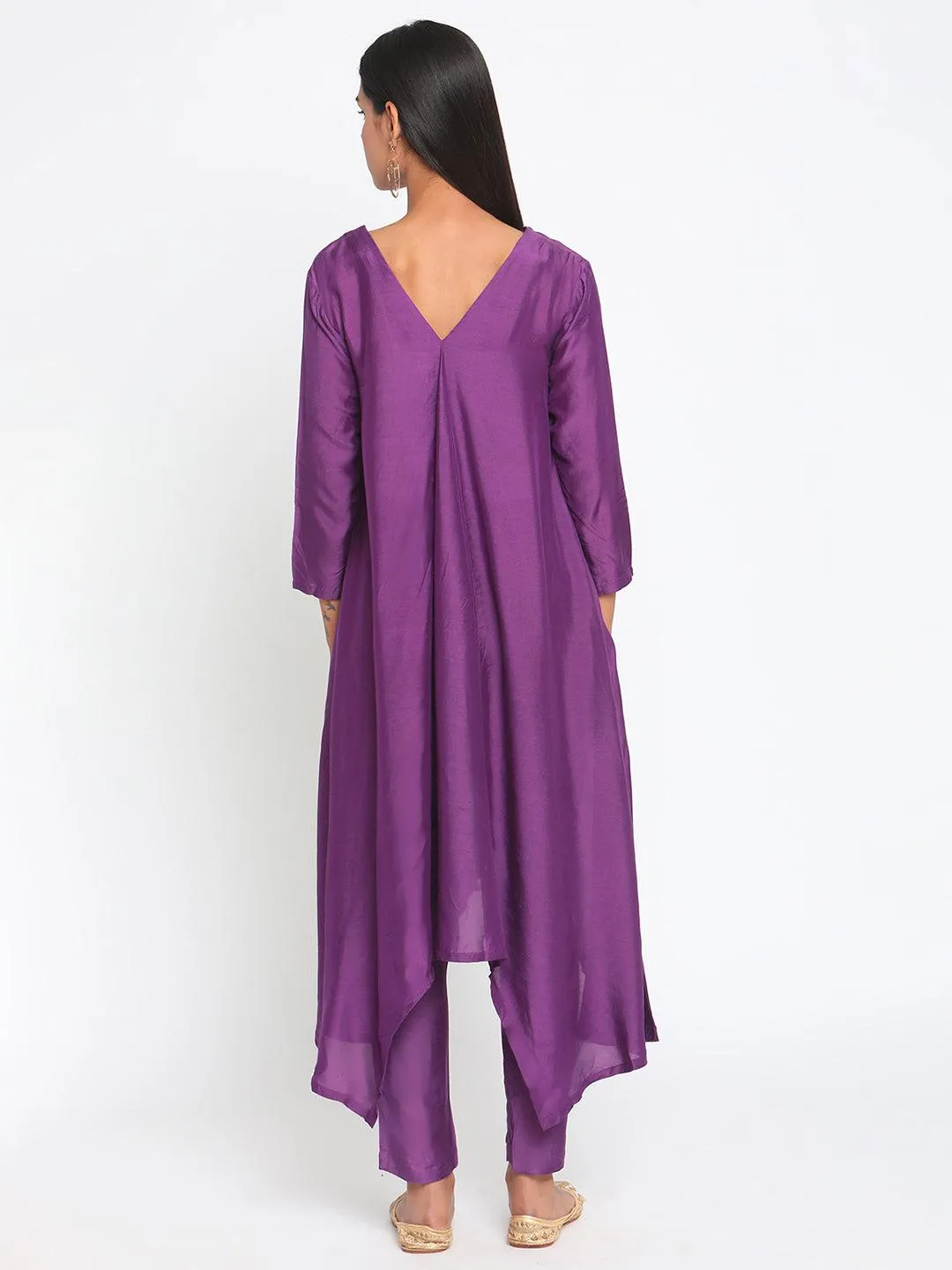 Silk Purple Flared Asymmetric Kurta Pant Set