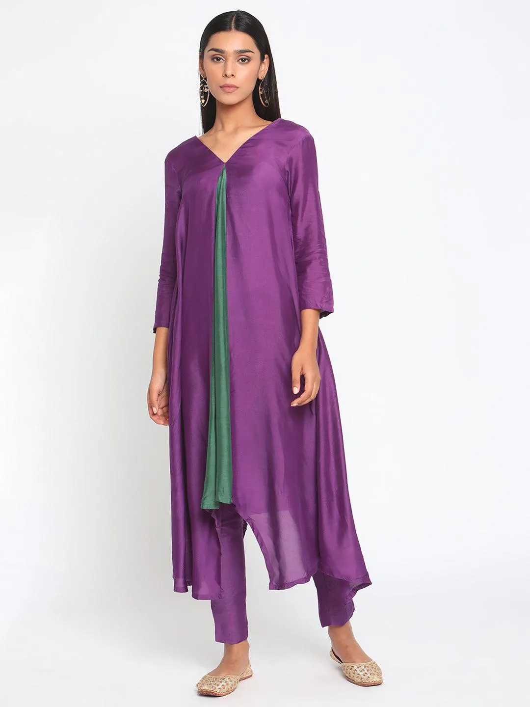 Silk Purple Flared Asymmetric Kurta Pant Set