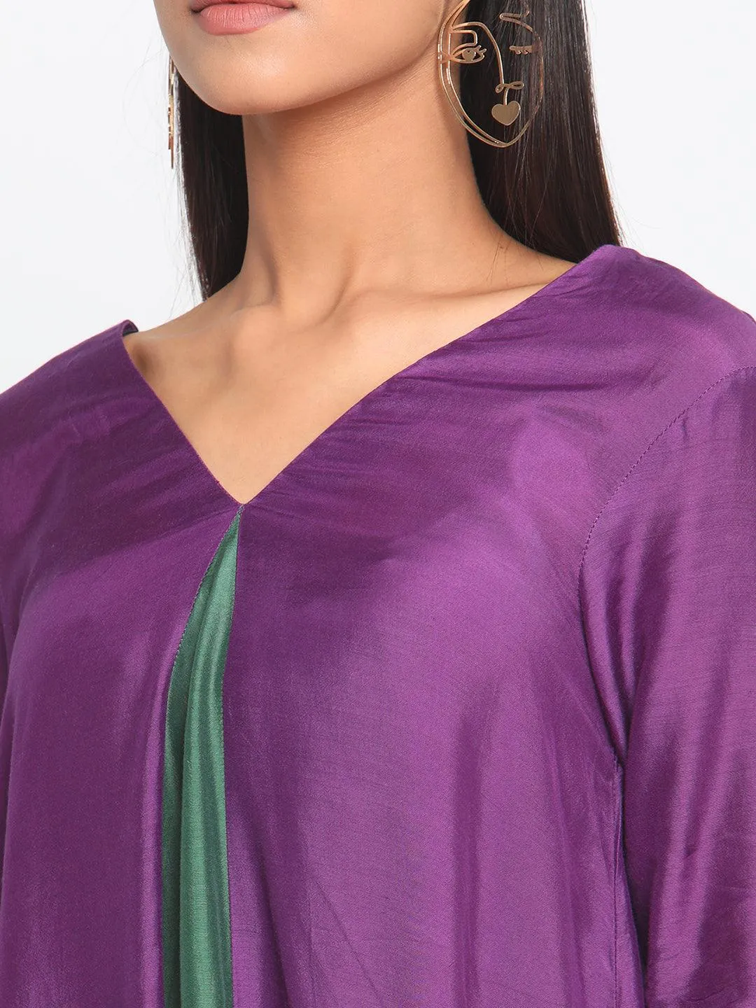 Silk Purple Flared Asymmetric Kurta Pant Set