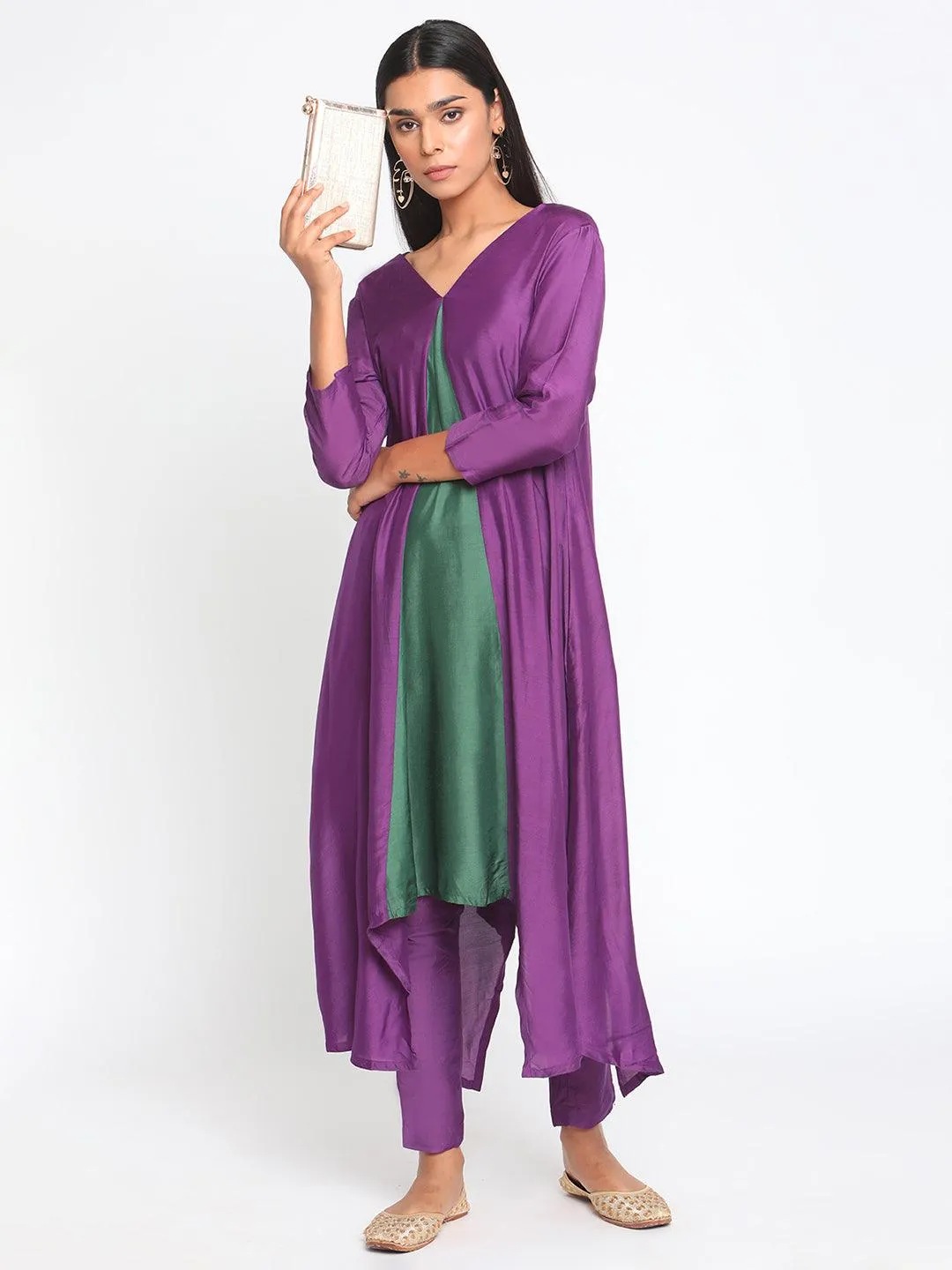 Silk Purple Flared Asymmetric Kurta Pant Set