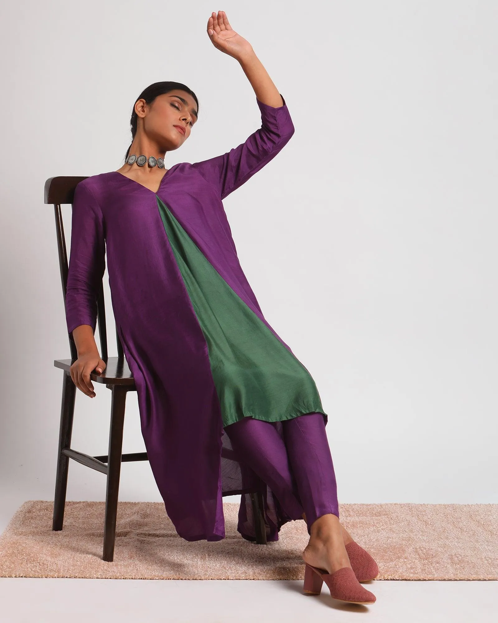 Silk Purple Flared Asymmetric Kurta Pant Set