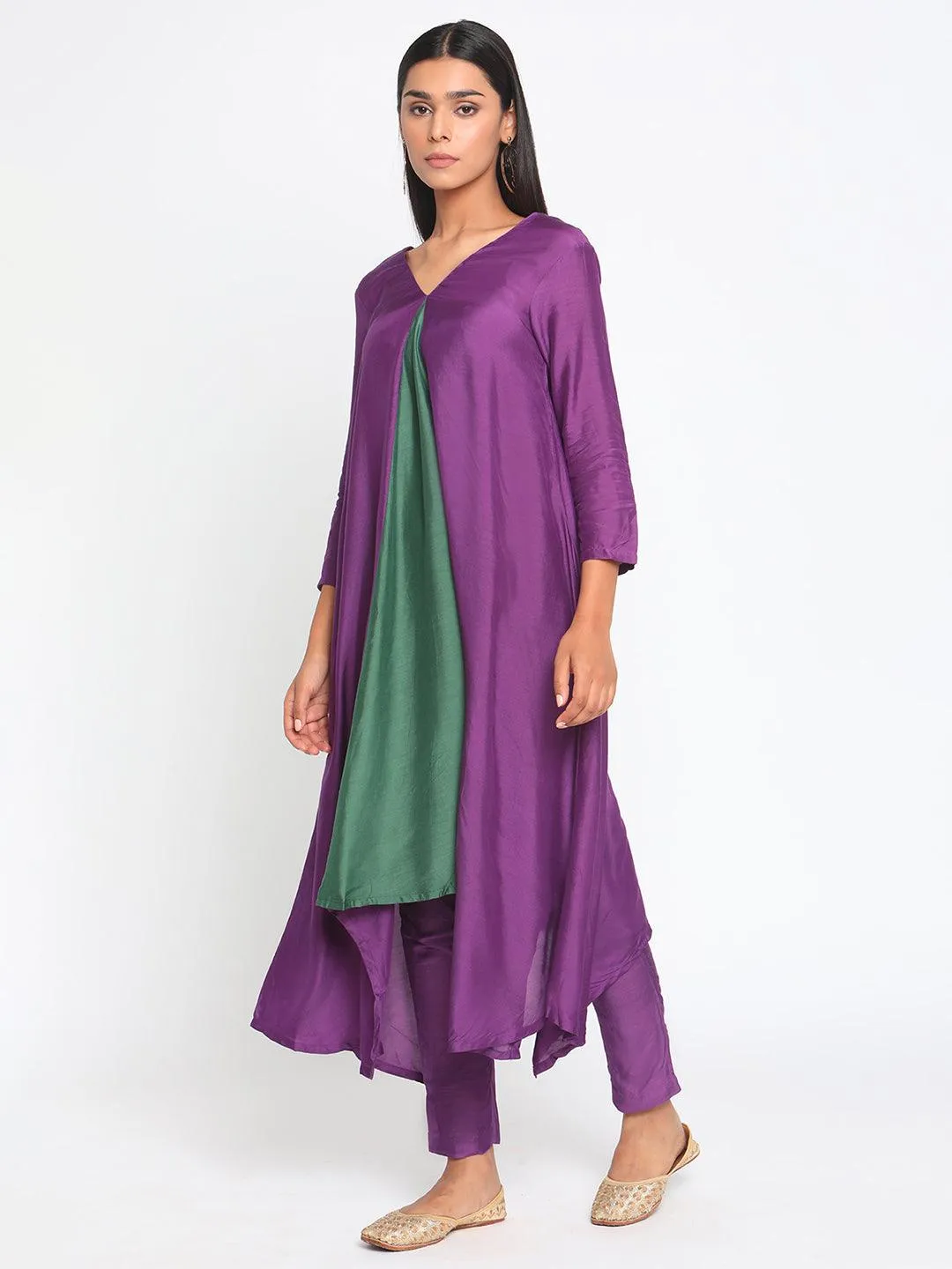 Silk Purple Flared Asymmetric Kurta Pant Set