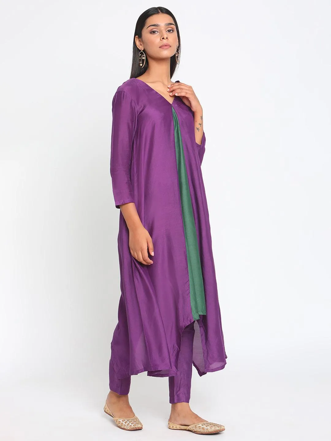 Silk Purple Flared Asymmetric Kurta Pant Set