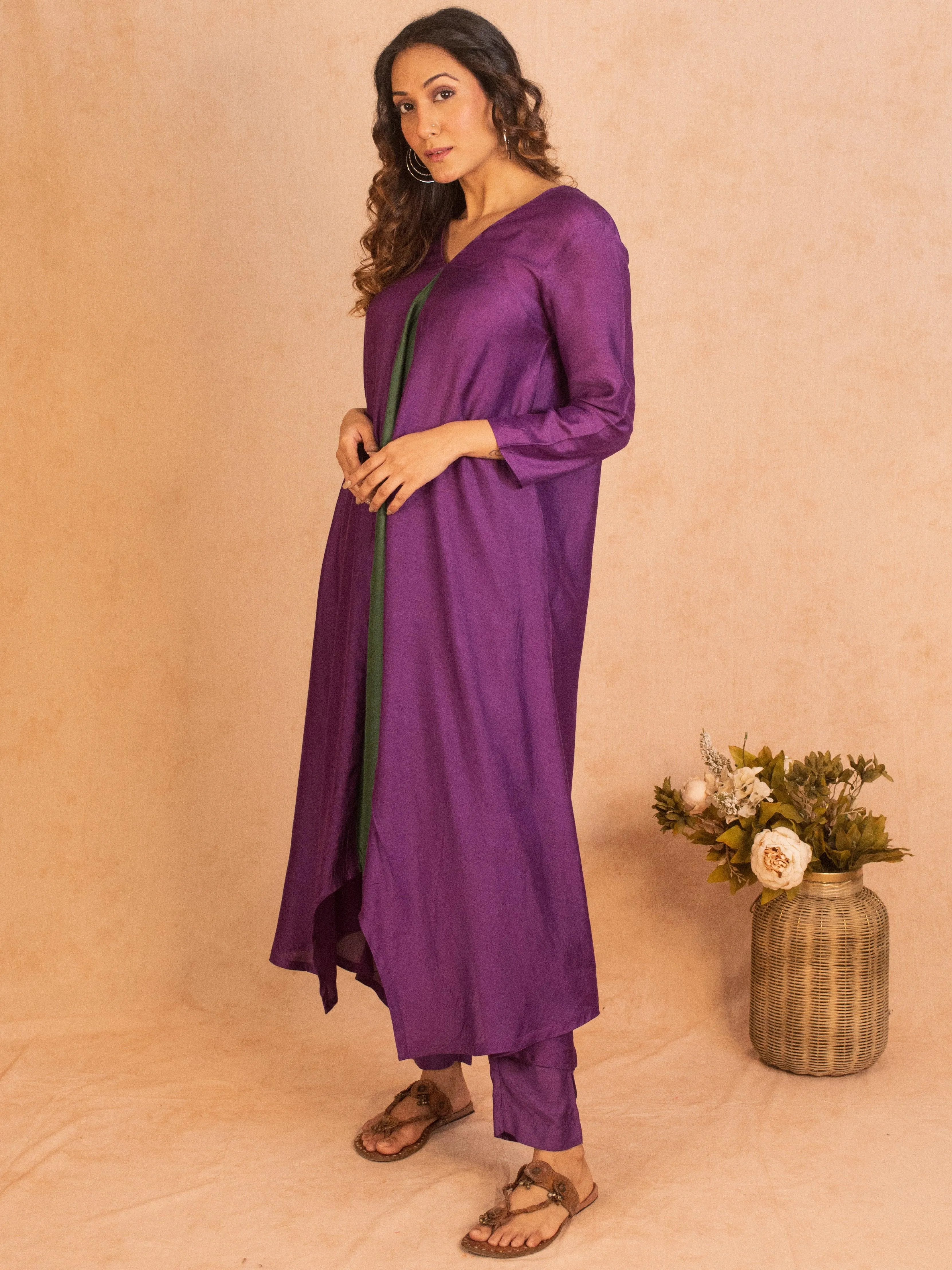 Silk Purple Flared Asymmetric Kurta Pant Set