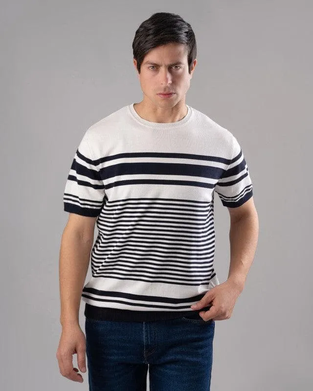 STRIPED KNIT T-SHIRT  - OFF WHITE