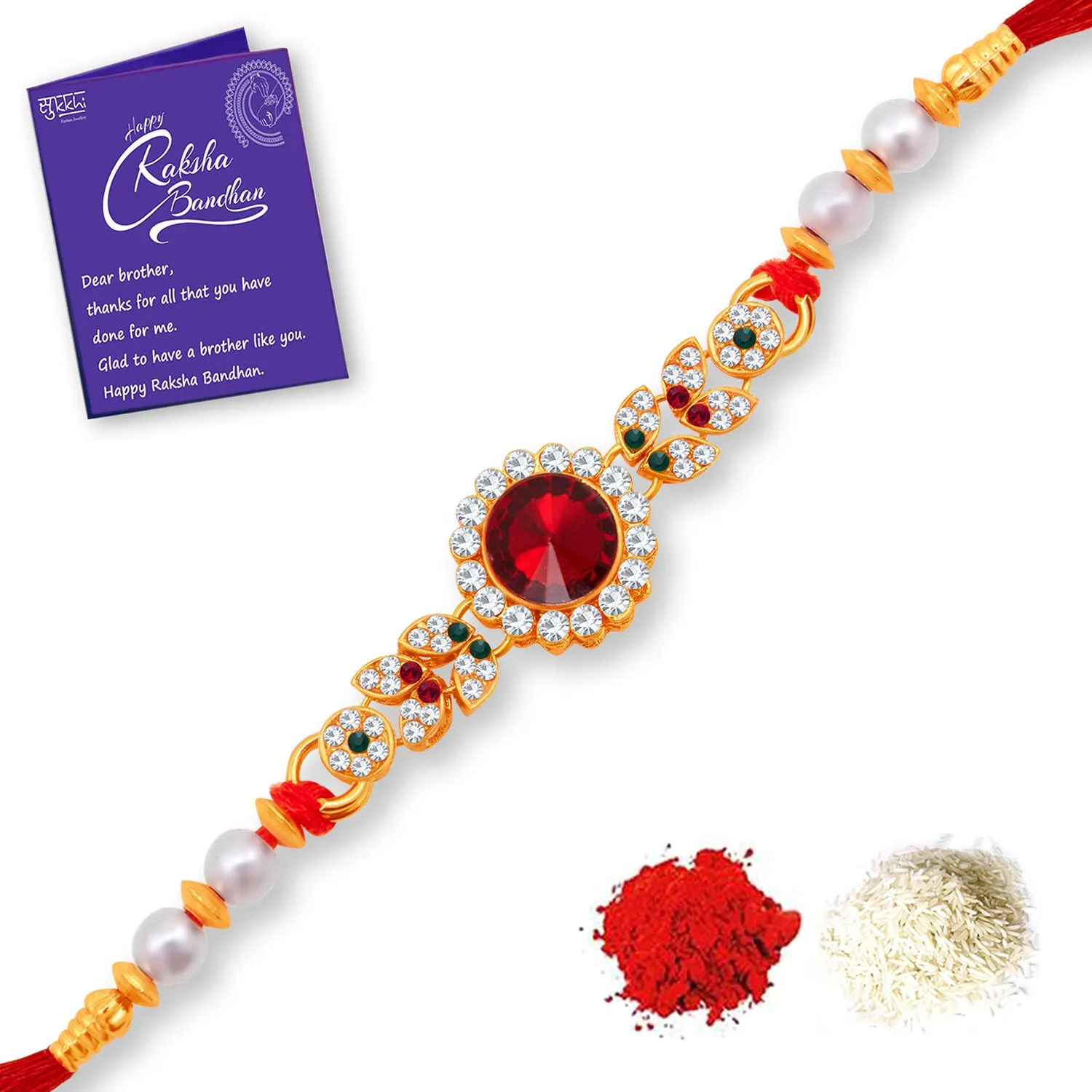 Sukkhi Attractive Gold Plated Rakhi with Roli Chawal and Raksha Bandhan Greeting Card for Men