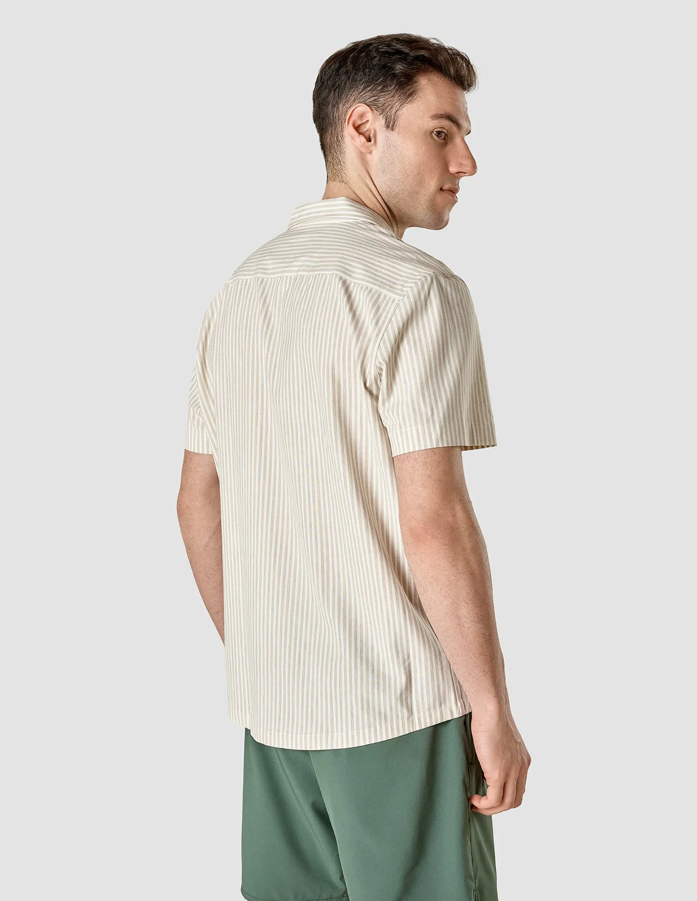 Tech Linen Bowling Short Sleeve Shirt Sandshell Stripe