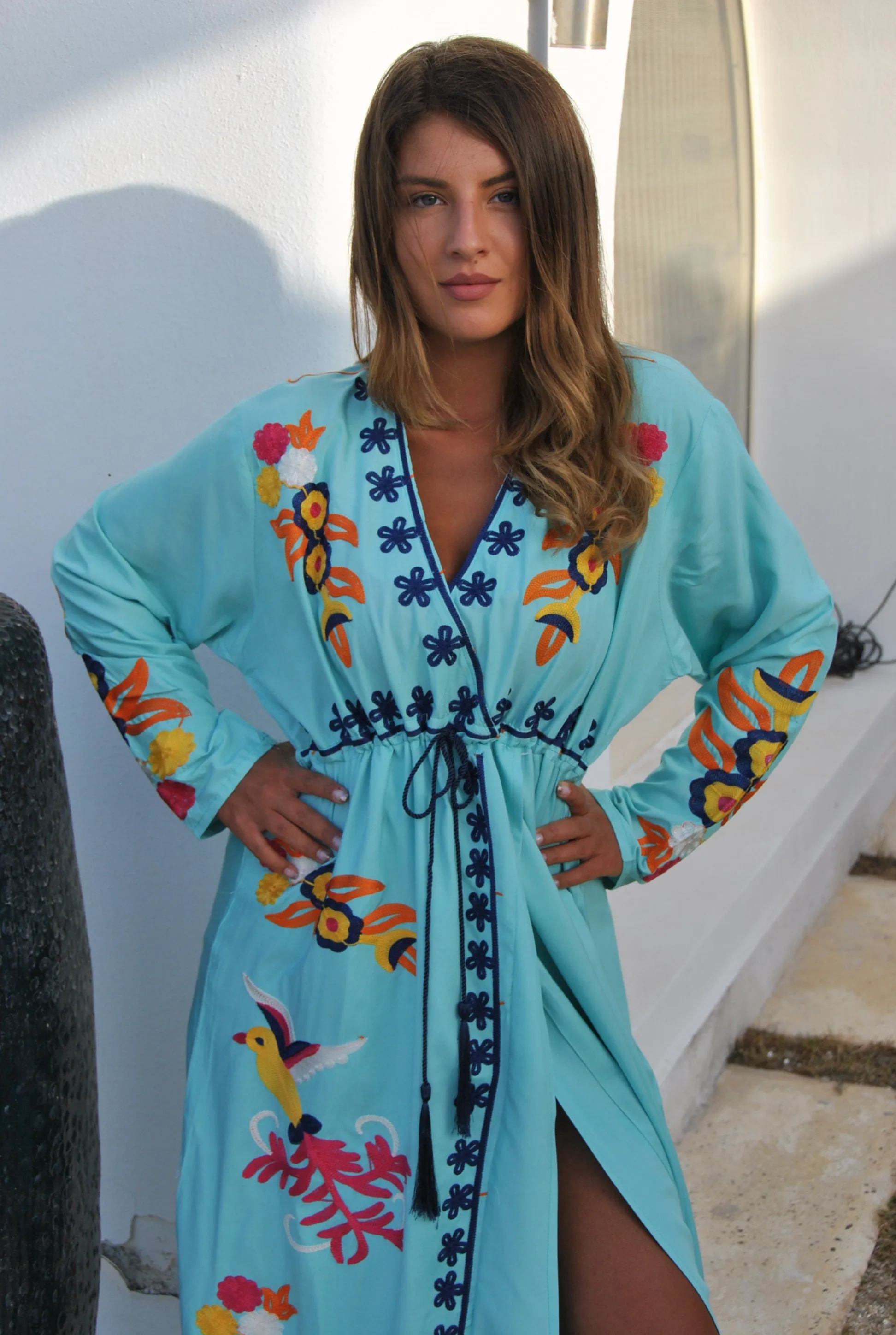 Turquoise birds embroidered caftan, Open slit Cotton caftan dress, African women clothing, Bohemian maxi dress, Boho summer caftan, kaftans