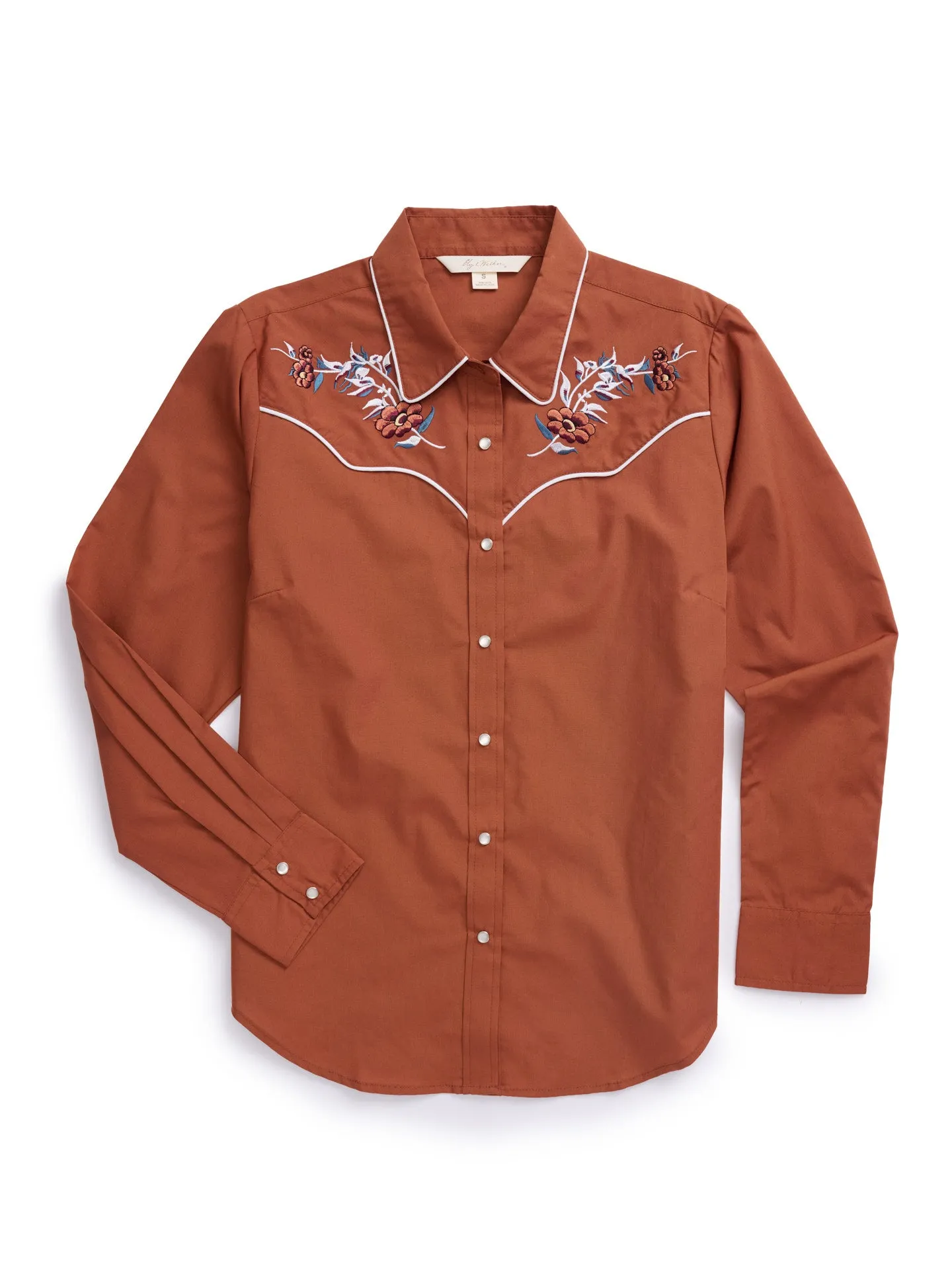 Women's Ely Cattleman Solid Rust Western Snap Shirt with Floral Embroidery