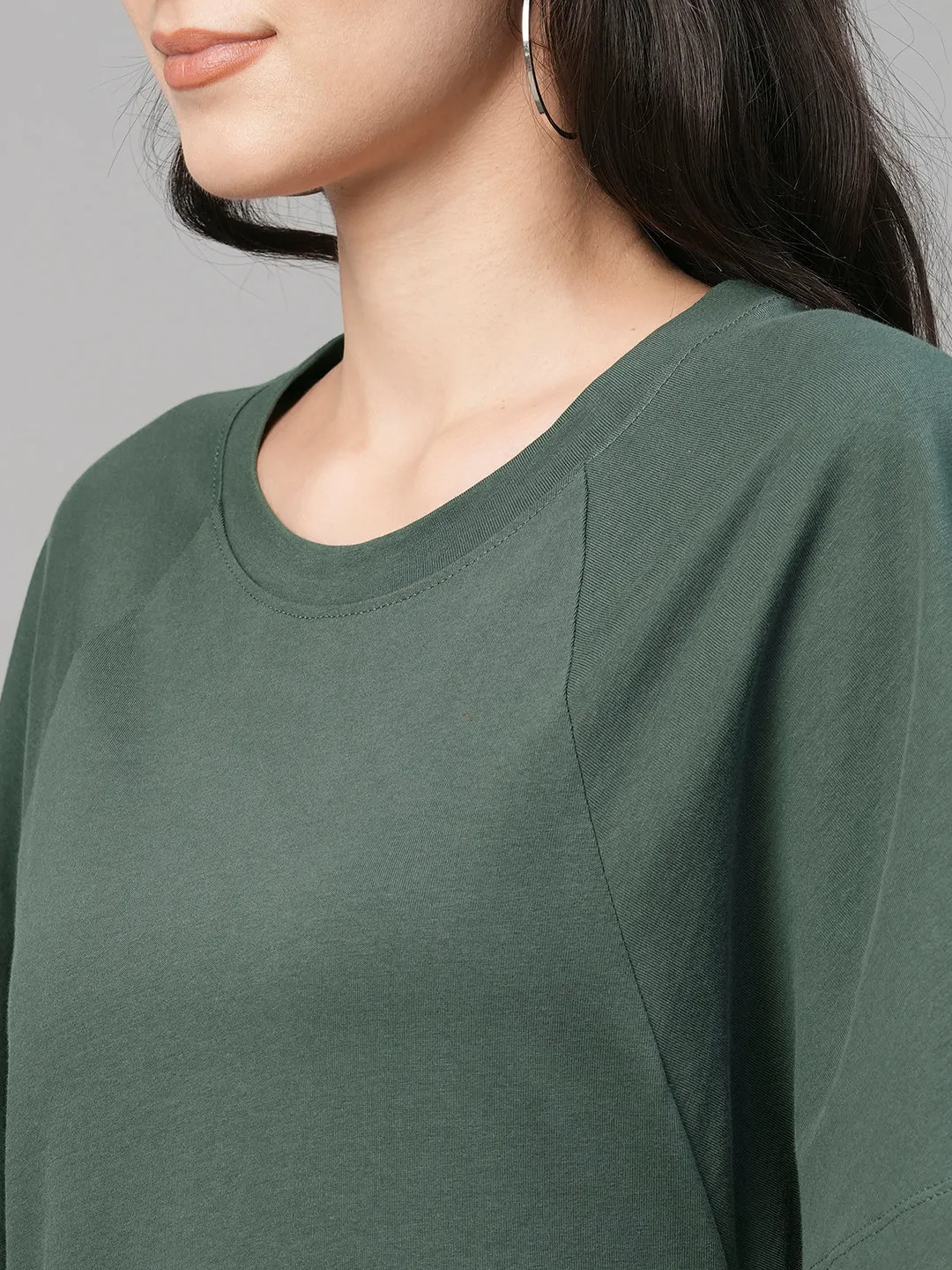 Women's Green Cotton Loose Fit Knit Dress