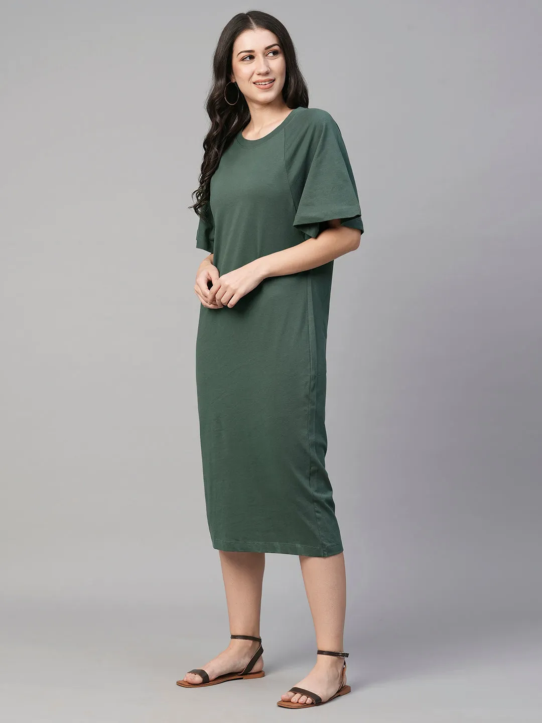 Women's Green Cotton Loose Fit Knit Dress