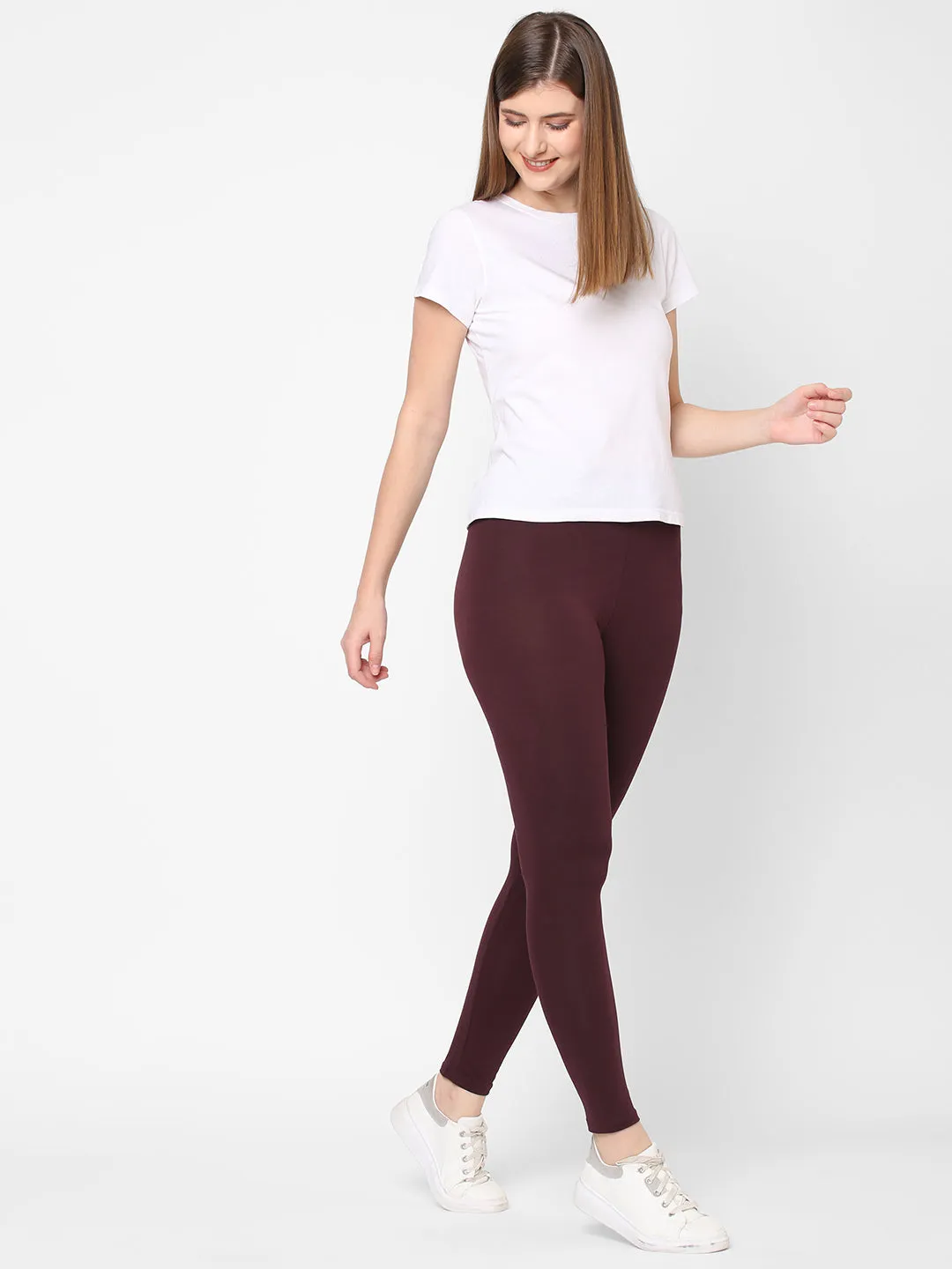 Women's Wine Cotton Elastane Slim Fit Knit Tights