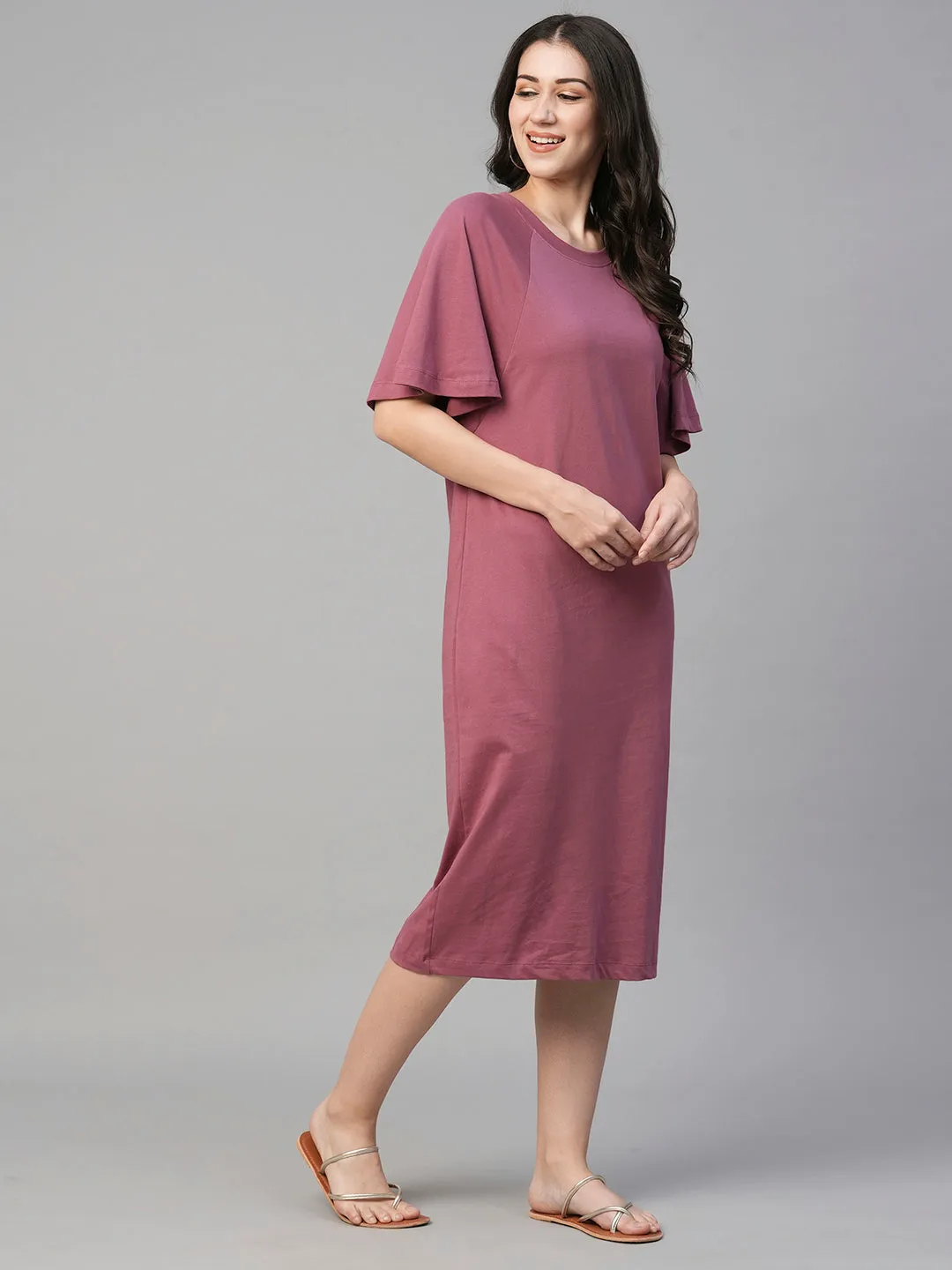 Women's Wine Cotton Loose Fit Knit Dress