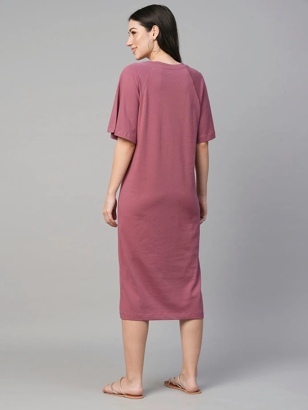 Women's Wine Cotton Loose Fit Knit Dress